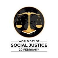 värld dag av social rättvisa berömd varje år av 20:e februari. advokatens skalor och Rättslig service band. baner, affisch, kort, bakgrund design. vektor