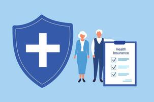 Senior Paar mit medizinisch Versicherung Schild bewachen zum Gesundheit Schutz. medizinisch und Gesundheitswesen versicherung zum Alten Konzept vektor