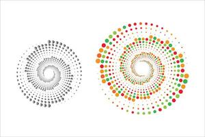 zufällig Farbe Halbton Punkte im Spiral. abstrakt farbig Vektor Hintergrund.kreisförmig Punkt rahmen, Rand zum Design Drucke. geometrisch Rahmen. runden klein Form. hell Farbe Ring. Vektor Illustration