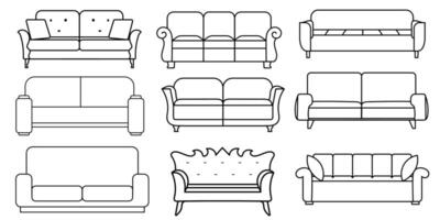 Sofa Linie Symbole. Möbel Design. Sammlung von Sofa Illustration. modern Möbel einstellen isoliert auf Weiß Hintergrund. vektor