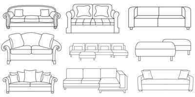 Sofa Linie Symbole. Möbel Design. Sammlung von Sofa Illustration. modern Möbel einstellen isoliert auf Weiß Hintergrund. vektor