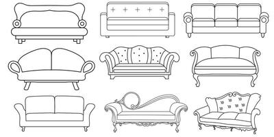 Sofa Linie Symbole. Möbel Design. Sammlung von Sofa Illustration. modern Möbel einstellen isoliert auf Weiß Hintergrund. vektor