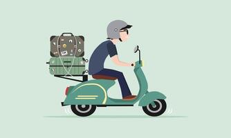 Männer Reiten alt klassisch Roller mit Gepäck oder Koffer. Motorrad Touring Konzept. Vektor Illustration.