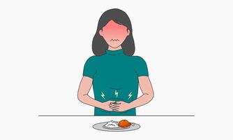 kvinna med mage värk och abdominal smärta. diarre, förstoppning eller hungrig. vektor illustration.