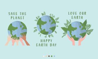 hand dragen vektor illustration av Lycklig jord dag. begrepp av omtänksam för de jorden, miljö- problem och skydd samling uppsättning. planet med händer innehav, stödjande
