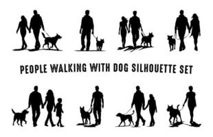 människor gående med hund silhuetter vektor uppsättning, par gående med en hund silhuett bunt