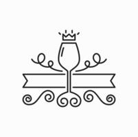 glas av kunglig vin med krona, vingård virvlar vektor