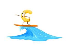 Surfer Makkaroni Charakter Reiten Welle auf Surfbrett vektor