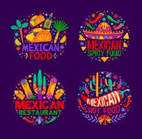 mexikansk kök ikoner, burrito, taco och sombrero vektor
