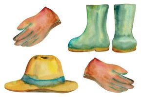 Hand gezeichnet Aquarell Illustration Frühling Gartenarbeit Kleidung, Stroh Hut, Gummi Stiefel, schützend Leder Handschuhe. Single Objekt isoliert auf Weiß Hintergrund. Design drucken, Geschäft, Scrapbooking, Verpackung vektor