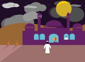 platt illustration, moskédesign och muslimsk man, med vackert månsken. islamiska mönster för att fira islamiska högtider. vektor