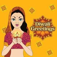 süßes Mädchen mit einer Diwali-Lampe vektor