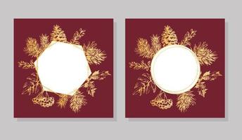 handritad gyllene ram jul och nyår inbjudningskort. handritad vektorillustration av retro krans på ljus bakgrund. vinter semester samling vektor