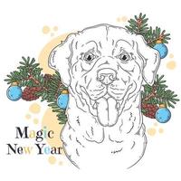 Hand gezeichnetes Hundeporträt mit Weihnachtszubehörvektor vektor