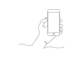 smartphone telefon i hand kontinuerlig ett linje teckning. vektor illustration minimalism design smart mobil teknologi tema.