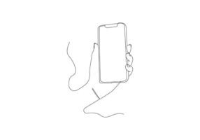 smartphone telefon i hand kontinuerlig ett linje teckning. vektor illustration minimalism design smart mobil teknologi tema.