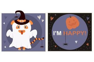süße Karten mit lustigem Geistertiger im Hexenhut für Halloween. Vektor-Illustration mit Text ich bin glücklich. helle gruß halloween quadratische postkarte mit süßem tier, kürbisjack und spinne vektor