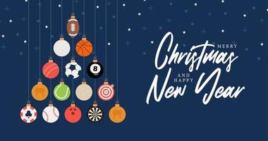 Sportweihnachtsillustration. Kreativer Weihnachtsbaum aus Fußball, Fußball, Basketball, Cricket, Golf, Baseball, Tennisball. Weihnachten und Neujahr flache Vektor-Sport-Grußkarte Banner vektor