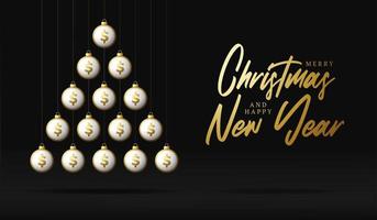 jul och nyår gratulationskort. kreativa xmas tree gjorda av glänsande pengar dollar bollar på svart bakgrund för jul och nyår vektorillustration vektor