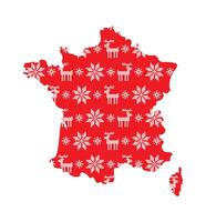 Vektor isoliert Illustration zum Neu Jahr und Weihnachten Urlaub. vereinfacht Frankreich Karte. rot Muster dekoriert Weiß Kreuz genäht Schneeflocken und Rentiere.