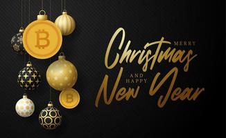 Frohe Weihnachten Gold-Bitcoin-Symbol-Banner. Bitcoin-Zeichen als Weihnachtskugel Kugel hängende Grußkarte. Vektorgrafik für Weihnachten, Finanzen, Neujahr, Bankwesen, Geld vektor