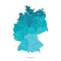 Vektor isoliert Illustration. vereinfacht administrative Karte von Deutschland. Blau Formen von Regionen. Namen von Deutsch Städte und Provinzen. Weiß Hintergrund.