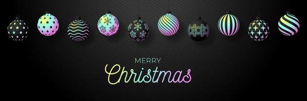 jul gratulationskort holografisk folie kula boll. god jul och gott nytt år banner med regnbågsskimrande realistiska festliga bollgradient holografiska neon nyans färg. vektor illustration