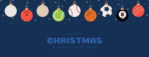 Weihnachtssport-Grußkarte. flache Weihnachtskarte mit Sportbaseball, Basketball, Fußball, Tennis, Cricket, Fußball, Volleyball, Bowling, Billardkugeln hängen an einem Faden. Vektor-Illustration. vektor