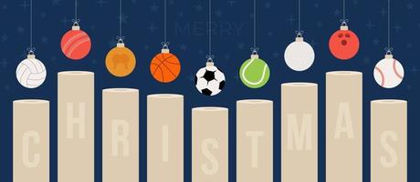 Weihnachtssport-Grußkarte. flache Weihnachtskarte mit Sportbaseball, Basketball, Fußball, Tennis, Cricket, Fußball, Volleyball, Bowling, Billardkugeln hängen an einem Faden. Vektor-Illustration. vektor