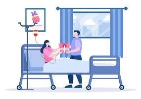 Geschenkbox Spende an Krankenhauszimmer Hintergrund-Vektor-Illustration. Mann gibt Geschenk für Patientin vektor