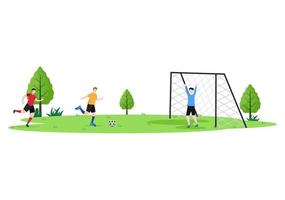 Fußball spielen mit Jungen Fußball spielen Sportuniform tragen verschiedene Bewegungen wie Treten, Halten, Verteidigen, Parieren und Angriff im Feld. Vektor-Illustration vektor