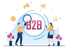 B2B oder Business-to-Business-Marketing-Vektor-Illustration. Geschäftsleute und Kunden, die sich nach der festgelegten Strategie, dem Verkauf und dem Handel für die vereinbarte Transaktion die Hände schütteln vektor