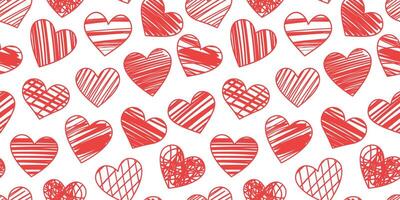 rot texturiert Herz Muster, Vektor Hintergrund zum Valentinstag Tag Feier, Weiß Hintergrund mit Hand gezeichnet Herzen, wiederholen