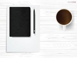 Objekthintergrund der Draufsicht. Kaffeetasse, schwarzes Notizbuch, weißes Papier und metallischer Bleistift auf weißem Holz. Vektor. vektor
