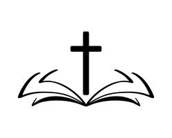 Vektorabbildung des christlichen Zeichens. Emblem mit Kreuz und Heiliger Bibel. Religionsgemeinschaft. Gestaltungselement für Poster, Logo, Abzeichen, Zeichen vektor