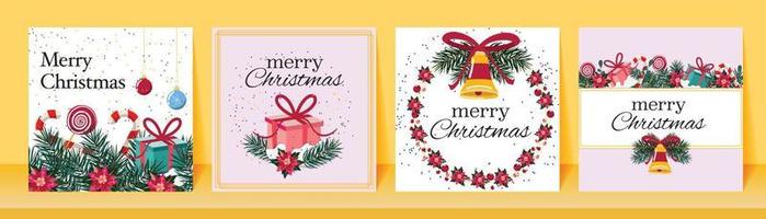 Quadratische Weihnachtsgrußkarten mit Tannenzweigen, Süßigkeiten, Glocke und Geschenkboxen. für Banner, Karten. vektor