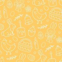 Süßes Ostergekritzel nahtloses Muster mit Hase, Korb, Ostereiern, Kuchen, Hühnchen, Weidenzweigen und Kerzen. handgezeichnete Vektorgrafik vektor