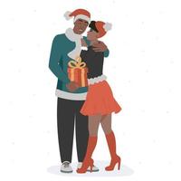 Junge verliebte Afroamerikaner geben Geschenkkisten zu Weihnachten und Neujahr. flach isolierte Vektorillustration vektor