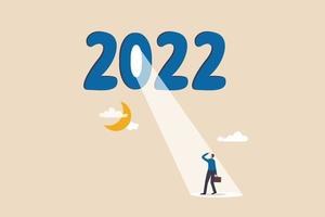 år 2022 affärsmöjlighet, ljus framtid för ekonomisk återhämtning, hopp eller motivation att övervinna svårigheter koncept, år 2022 med starkt strålkastarljus från nummer noll tänds på hoppfull affärsman. vektor