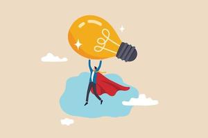 große Idee, um den Geschäftserfolg, Superkraft oder Kreativität zu steigern, um den Geschäftswettbewerb, das Innovations- oder Vorstellungskonzept zu gewinnen, das geniale Geschäftsmann-Superhelden-Fliegen, während es eine große Glühbirnenidee trägt. vektor