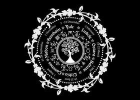Rad des Jahres ist ein jährlicher Zyklus von saisonalen Festen. Wicca-Kalender und Feiertage. Kompass mit Baum des Lebens, Blumen und Blätter heidnisches Symbol, keltische Namen der Sonnenwenden, Vektor isoliert