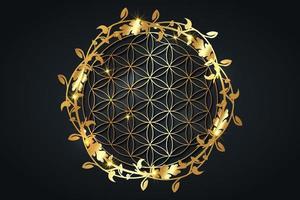 livets blomma, guld andlig mandala, helig geometri. ljus gyllene symbol för harmoni och balans. mystisk talisman, lyxiga runda blommor och blad vektor isolerad på svart bakgrund