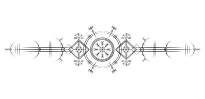 magischer alter Wikinger-Art-Deco, vegvisir magischer Navigationskompass altertümlich. Die Wikinger verwendeten viele Symbole in Übereinstimmung mit der nordischen Mythologie, die in der Wikingergesellschaft weit verbreitet sind. Logo-Symbol wiccan esoterisches Zeichen