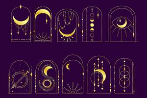 bohemisk båge guld uppsättning esoterisk design. himmelsk ram linje med måne och stjärna. minimal himmelsk geometri ram. boho vektor illustration. esoterisk magi element.