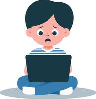 platt vektor illustration. en pojke är Sammanträde på henne bärbar dator och är rädd. de bärbar dator har förbjuden innehåll för barn