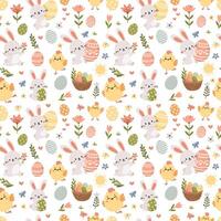 nahtlos Vektor Muster zum das Urlaub von hell Ostern. süß Ostern Hasen, Hühner, Eier, Blumen und Schmetterlinge