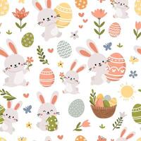 nahtlos Vektor Muster zum das Urlaub von hell Ostern. süß Ostern Hasen, Eier, Blumen und Schmetterlinge