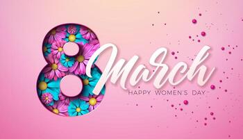 8 Mars. Lycklig kvinnors dag blommig illustration. internationell kvinnor dag vektor design med vår blomma och 8 siffra på ljus rosa bakgrund. kvinna eller mor dag tema mall för flygblad