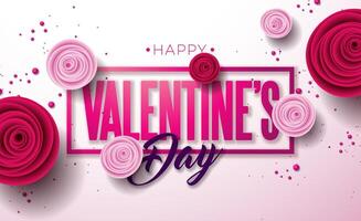 Lycklig valentines dag design med reste sig blomma och typografi brev på ljus rosa bakgrund. vektor kärlek, bröllop och romantisk valentine tema illustration för flygblad, hälsning kort, baner, affisch