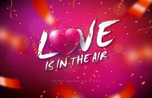 kärlek är i de luft. valentines dag design med hjärta och faller konfetti på skinande röd bakgrund. vektor bröllop och romantisk valentine tema illustration för flygblad, hälsning kort, baner,
